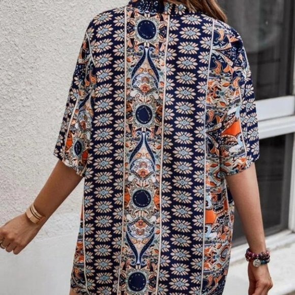 Boho Blue Paisley Open Front Kimono Top & Shorts Set - Picture 4 of 5